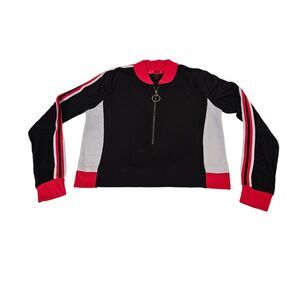 Hot Kiss Size M Black Red White Long Sleeve Crop Top 1/4 Circle Front Zipper Y2K